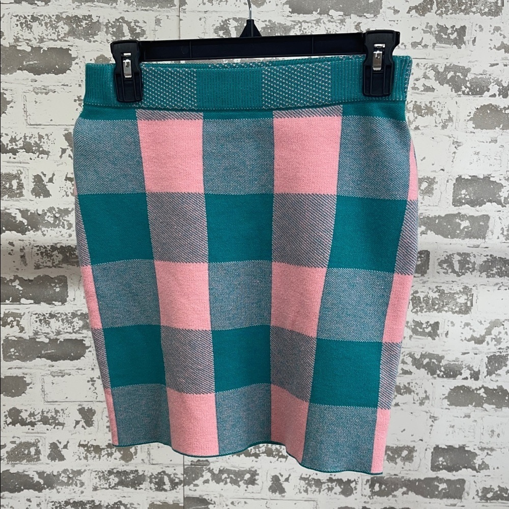 English Factory Pink and Green Checkered Stretch Pencil Skirt Size Small